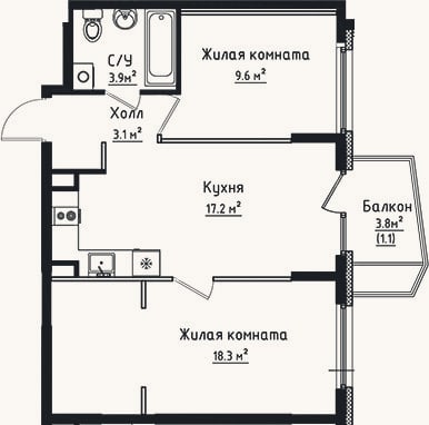 Планировка: 2-к, 52,1 м²