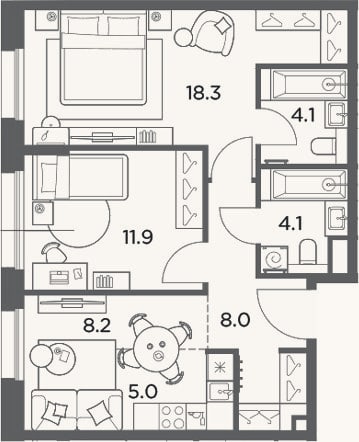 Планировка: 3-к, 59,6 м²
