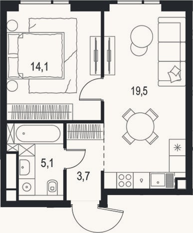 Планировка: 2-к, 42,4 м²