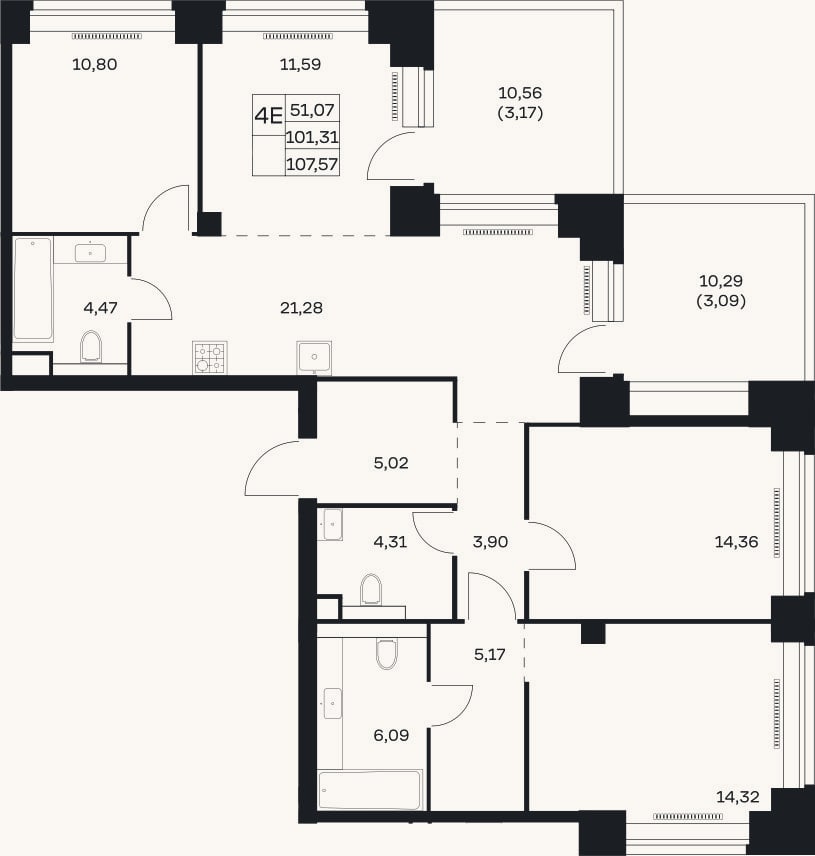 Планировка: 4+ к, 101,3 м²