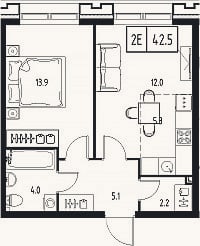 Планировка: 2-к, 42,5 м²