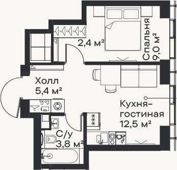 Планировка: 2-к, 33,1 м²