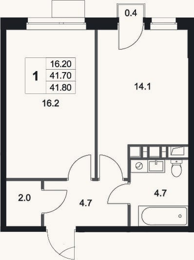 Планировка: 1-к, 41,7 м²