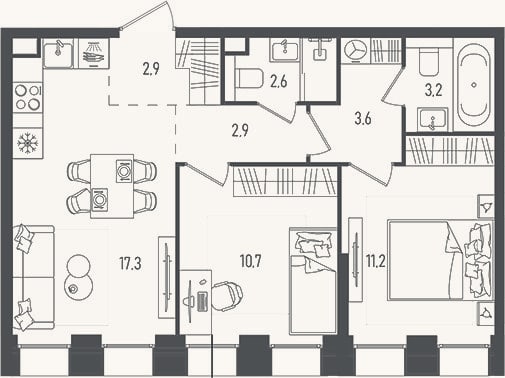 Планировка: 3-к, 54,4 м²