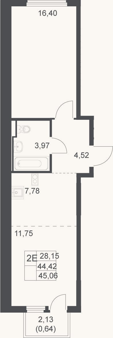 Планировка: 2-к, 44,4 м²
