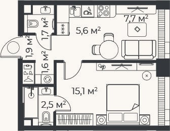 Планировка: 2-к, 36,2 м²