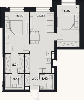 Планировка: 3-к, 68,9 м²