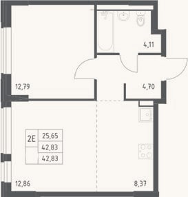 Планировка: 2-к, 42,8 м²