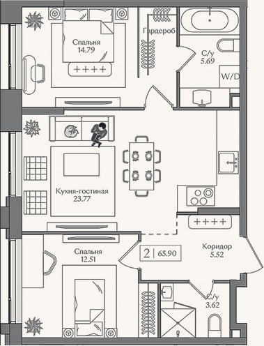 Планировка: 3-к, 65,9 м²