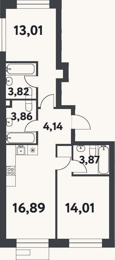 Планировка: 2-к, 59,6 м²