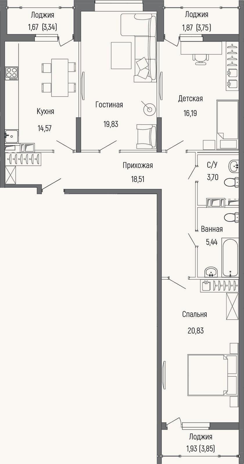 Планировка: 3-к, 99,1 м²
