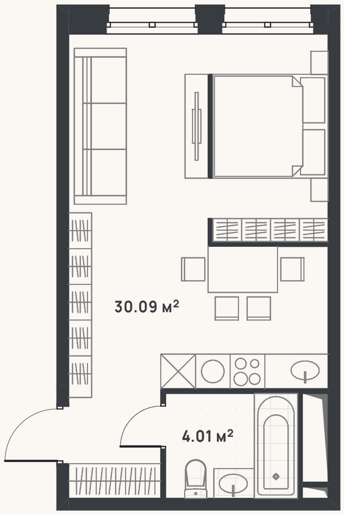 Планировка: Студия, 34,1 м²