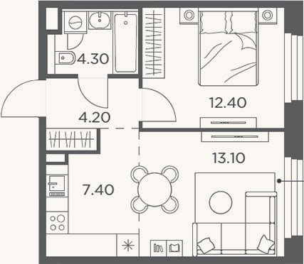 Планировка: 2-к, 41,4 м²