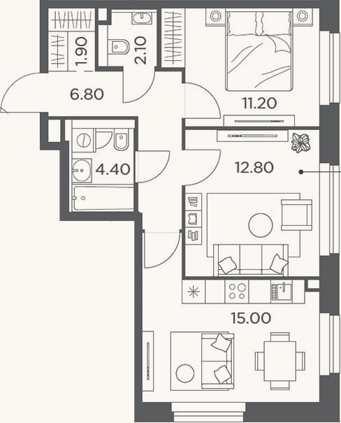 Планировка: 2-к, 54,2 м²