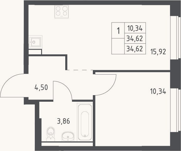 Планировка: 2-к, 34,6 м²