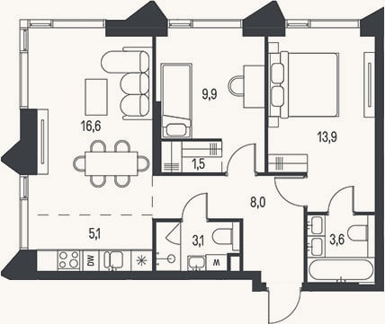 Планировка: 3-к, 61,7 м²