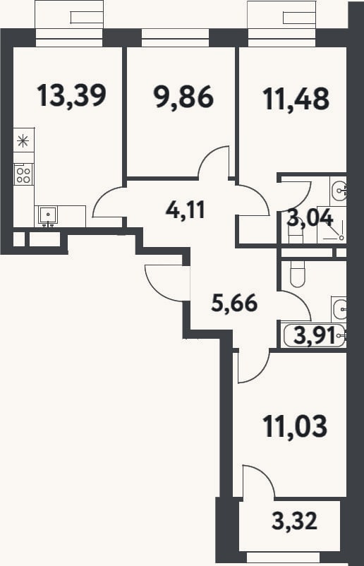 Планировка: 3-к, 62,5 м²