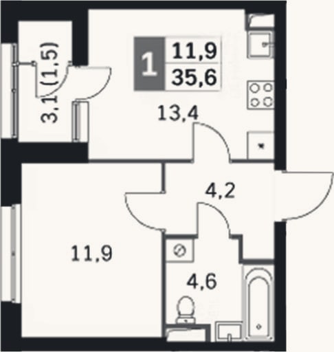 Планировка: 1-к, 34,1 м²