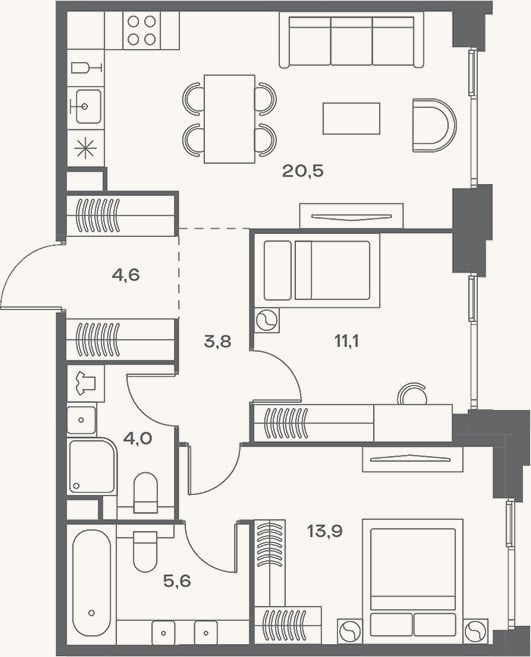 Планировка: 3-к, 63,5 м²