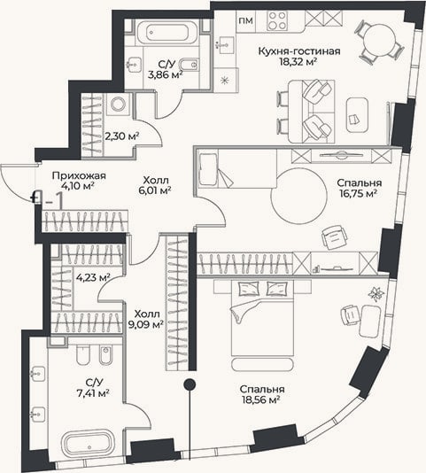 Планировка: 3-к, 90,6 м²