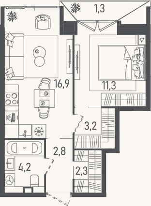 Планировка: 2-к, 40,7 м²
