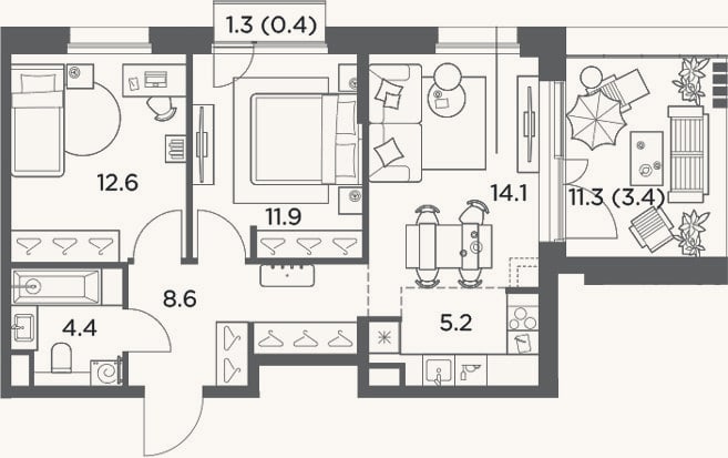 Планировка: 3-к, 56,8 м²
