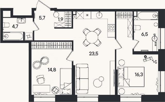 Планировка: 3-к, 73,4 м²