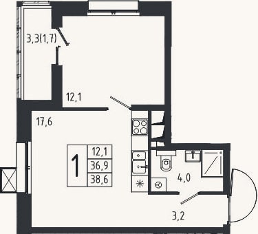 Планировка: 1-к, 36,9 м²