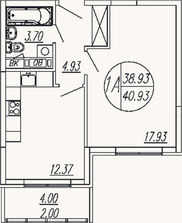 Планировка: 1-к, 38,9 м²