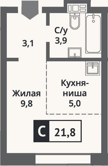 Планировка: Студия, 21,8 м²