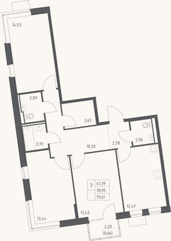 Планировка: 3-к, 79 м²