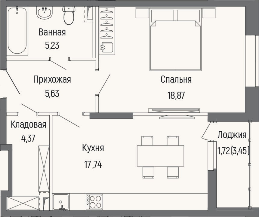 Планировка: 1-к, 51,8 м²