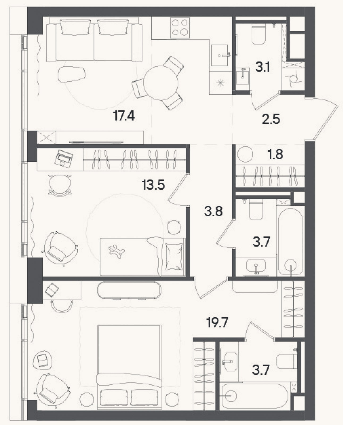 Планировка: 3-к, 70,2 м²