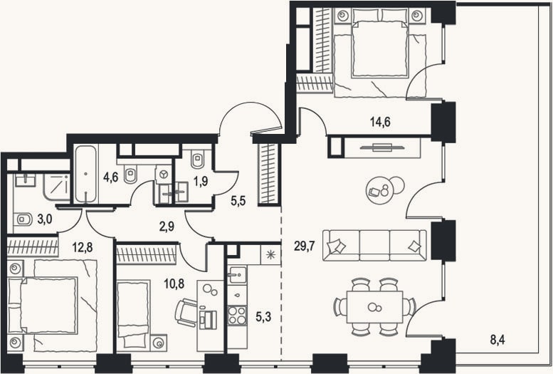 Планировка: 4+ к, 91,1 м²