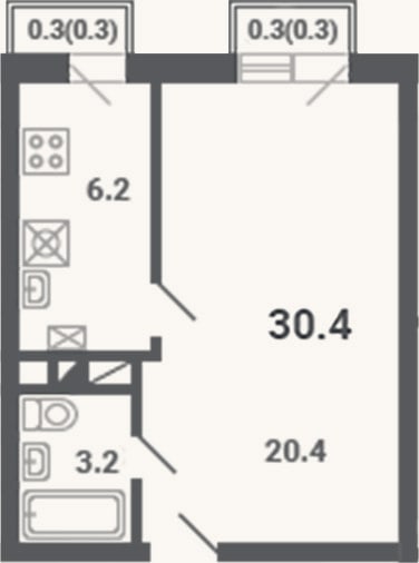 Планировка: 1-к, 29,8 м²