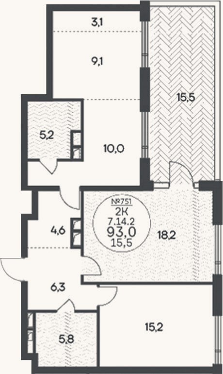Планировка: 2-к, 77,6 м²