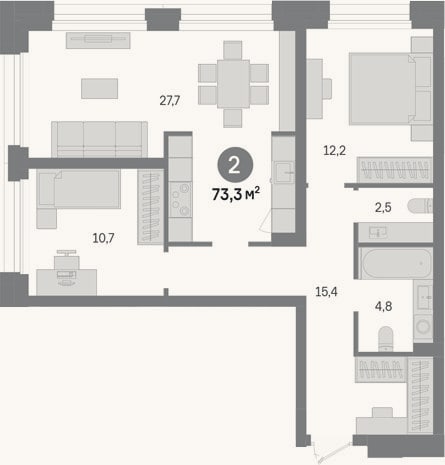 Планировка: 2-к, 73,3 м²