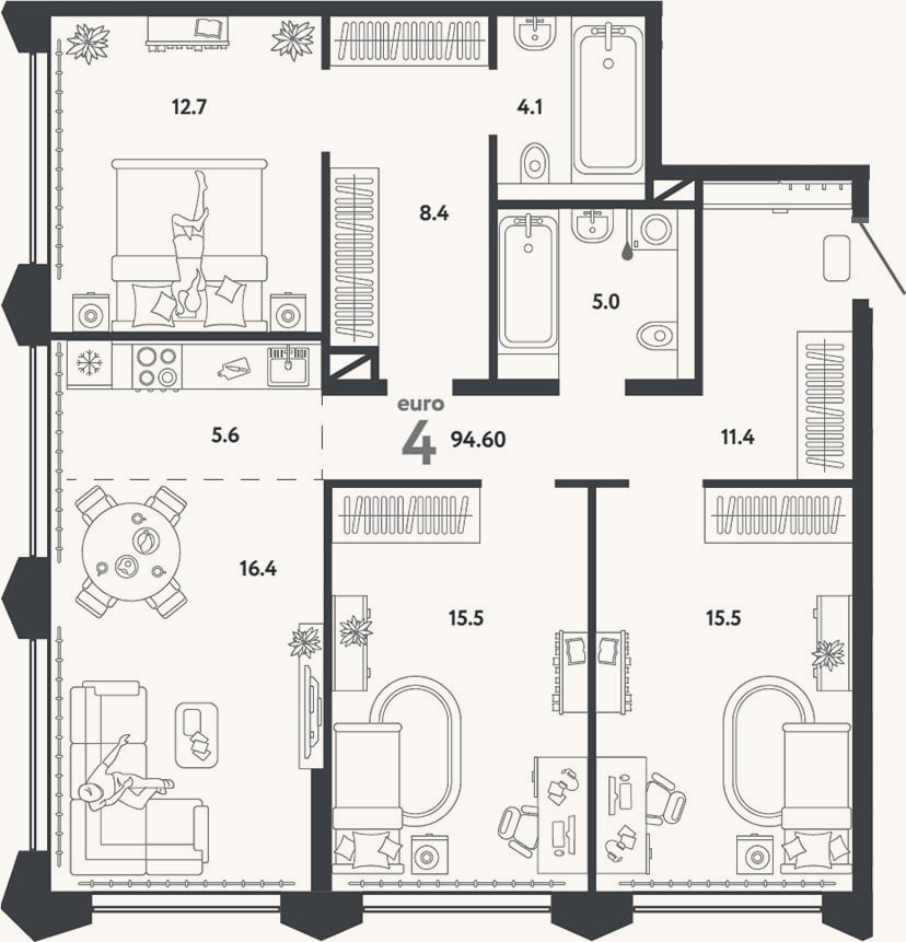 Планировка: 4+ к, 94,6 м²