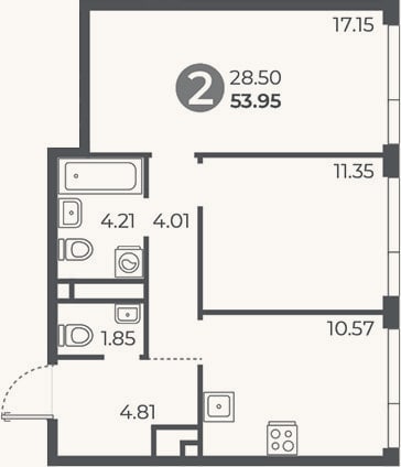 Планировка: 2-к, 54 м²