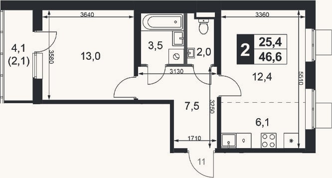 Планировка: 2-к, 44,5 м²