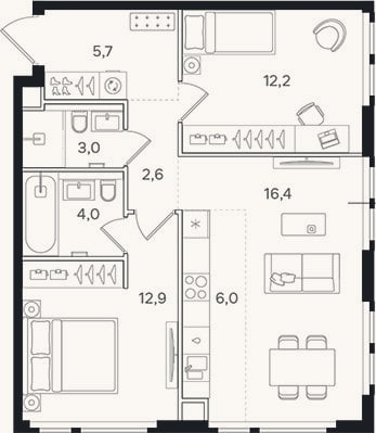 Планировка: 3-к, 62,8 м²