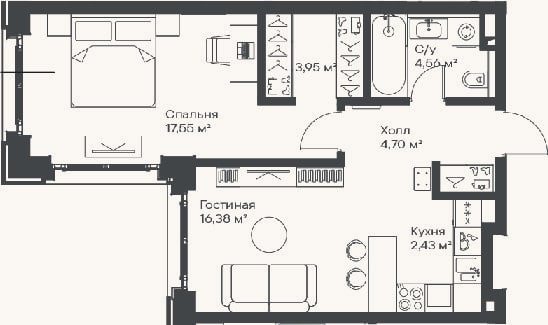 Планировка: 2-к, 49,6 м²