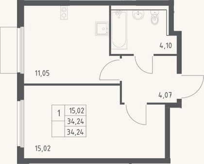 Планировка: 1-к, 34,2 м²
