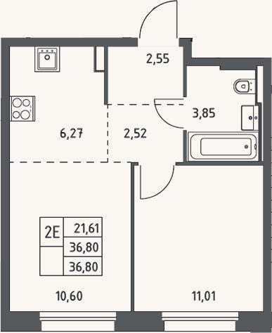 Планировка: 2-к, 36,8 м²