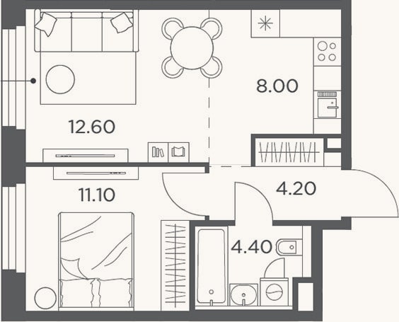 Планировка: 2-к, 40,3 м²
