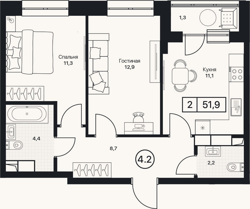 Планировка: 2-к, 50,6 м²