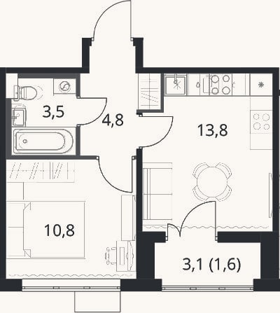 Планировка: 1-к, 32,9 м²