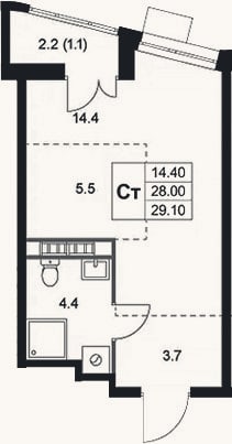 Планировка: Студия, 28 м²