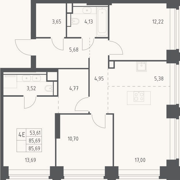 Планировка: 4+ к, 85,7 м²