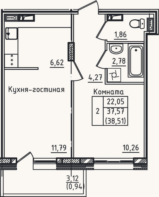 Планировка: 2-к, 37,6 м²